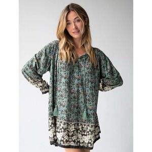 Natural Life Dara V-Neck Tunic Dress Sage Floral Size Large Boho Tassels